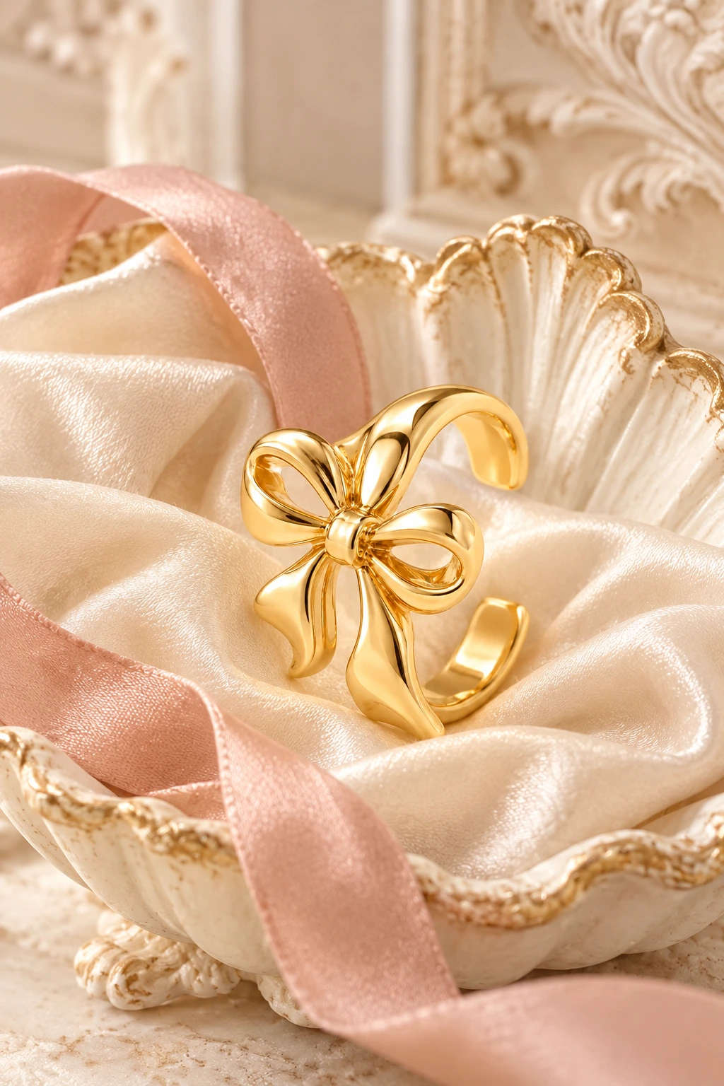 Romantic French jewelry still life with a gold bow ear cuff on ivory satin