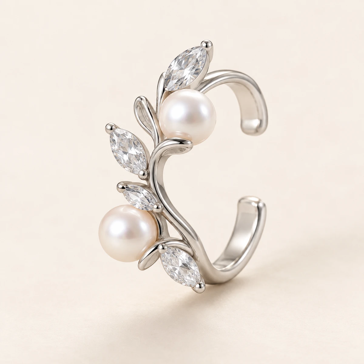 Duchess Pearl Ear Cuff, Silver, two freshwater cultured pearls and leaf-shaped clear stones