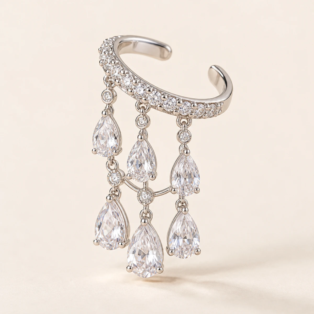 Moonlit Chandelier Ear Cuff, Silver, two tiers of clear teardrop pendants